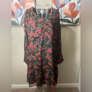 Time and Tru Floral Long Sleeve Dress - Black and Red